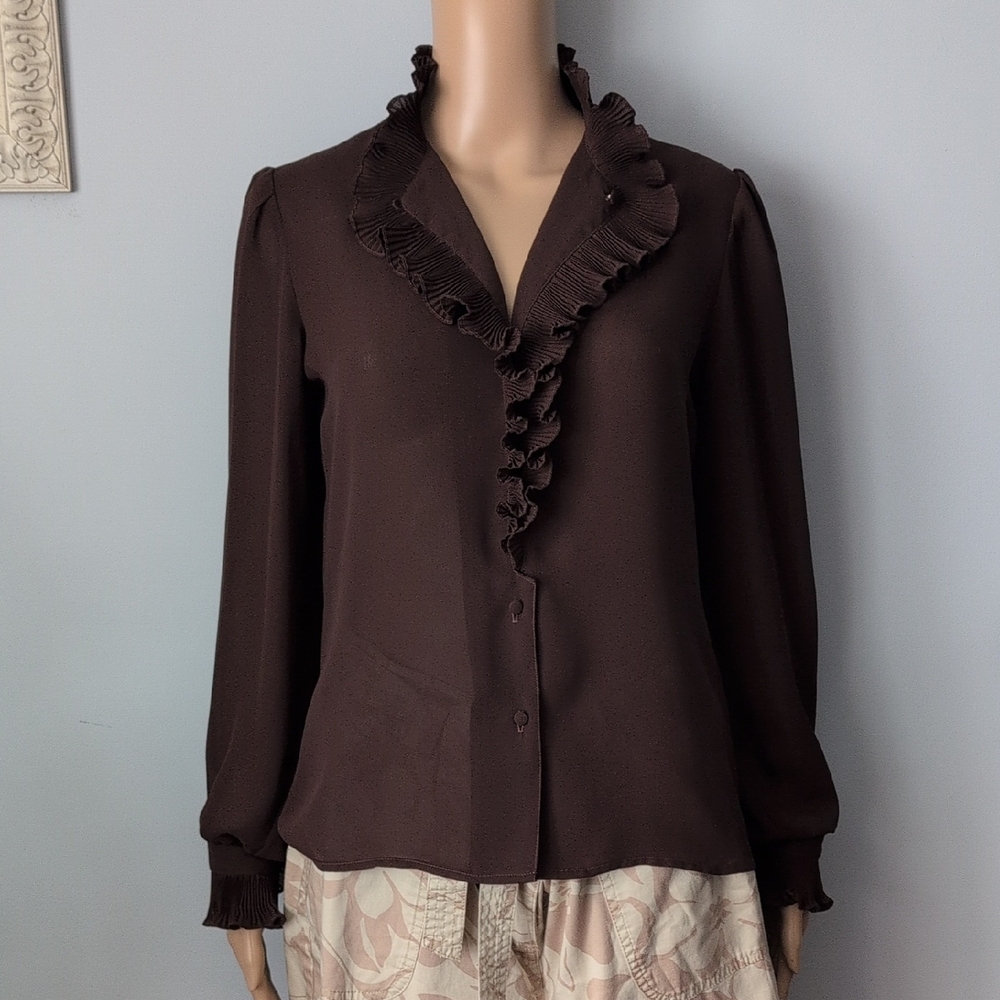 Vintage Whimsigoth Chocolate Brown Pleated Ruffled V-Neck Long Sleeve Blouse - Picture 3 of 16